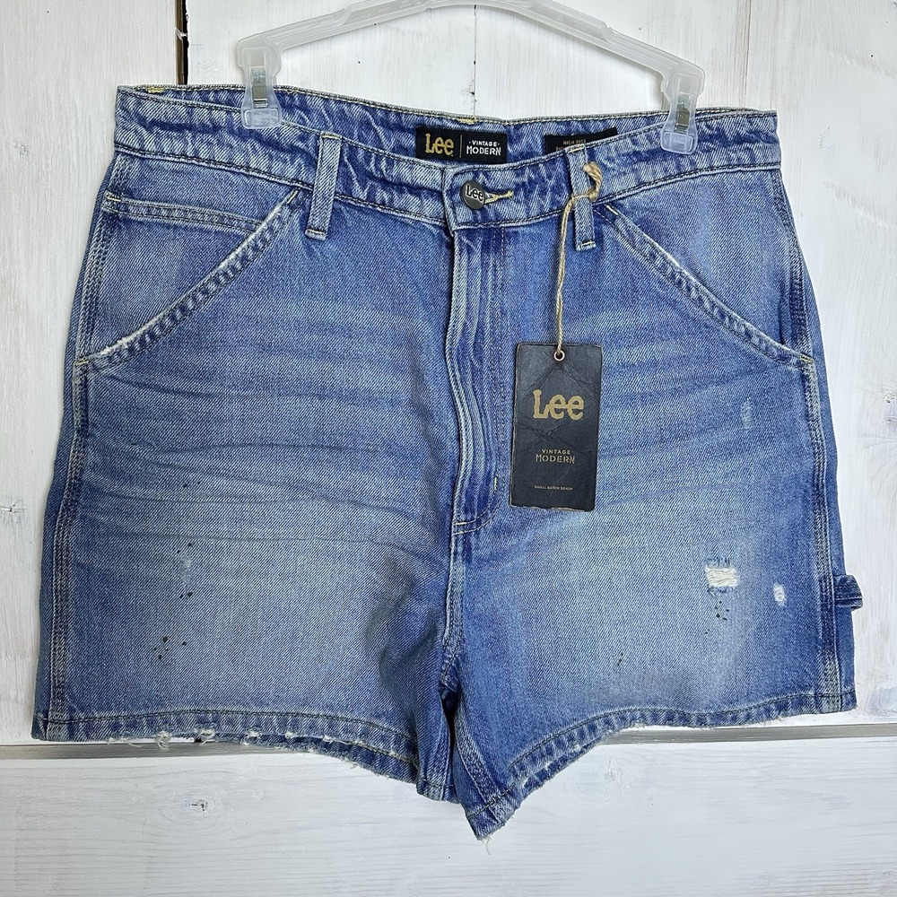 Lee Vintage Modern Carpenter Shorts Women's 32 Blue Denim Dungaree High Rise NWT